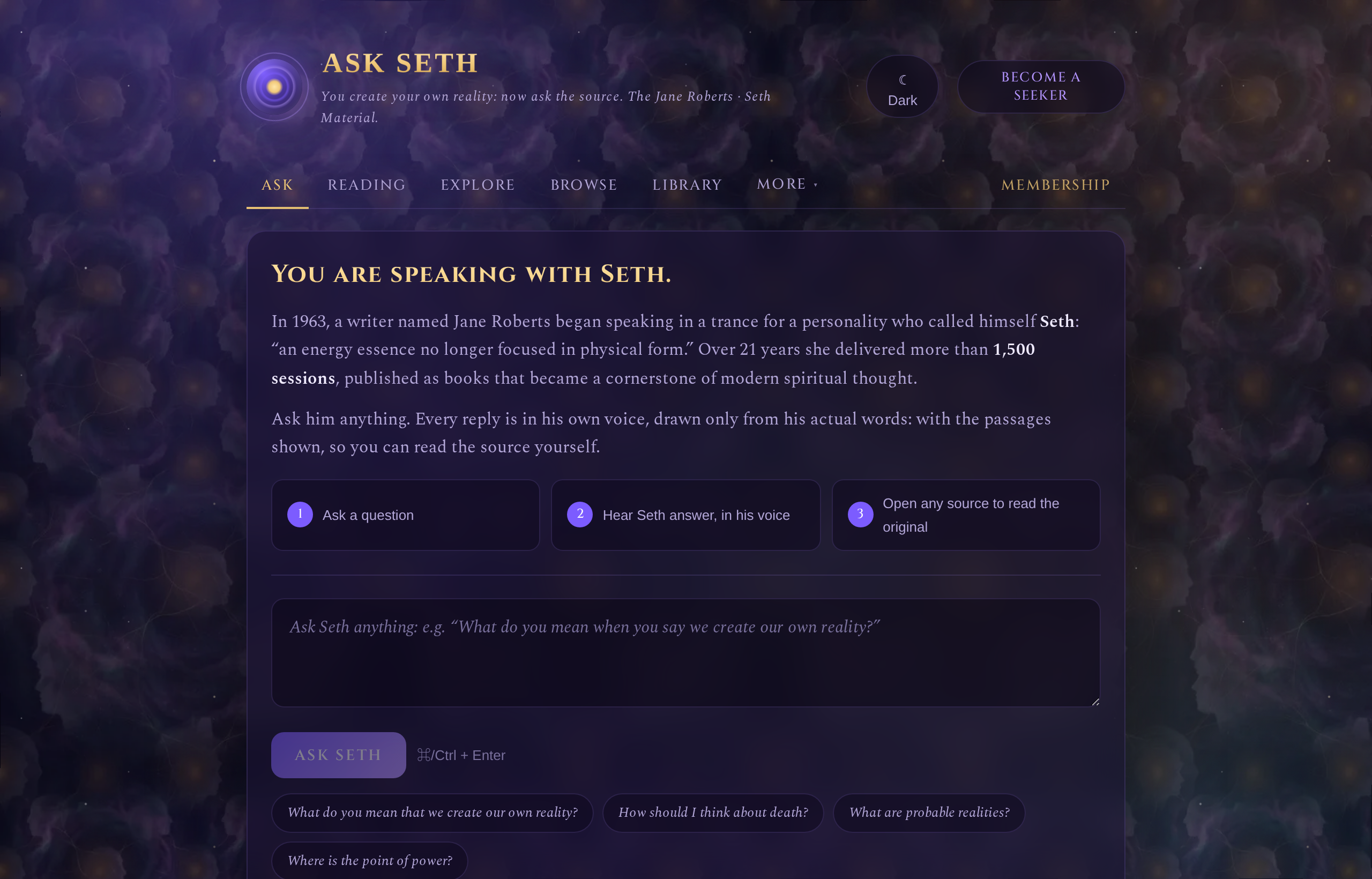 Ask Seth conversational interface over the Seth Material